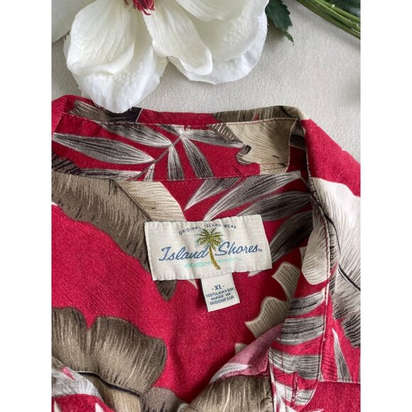 Island Shores Tropical Leaf Print Red Hawaiian Bahama Button Pocket Shirt XL - Picture 6 of 8